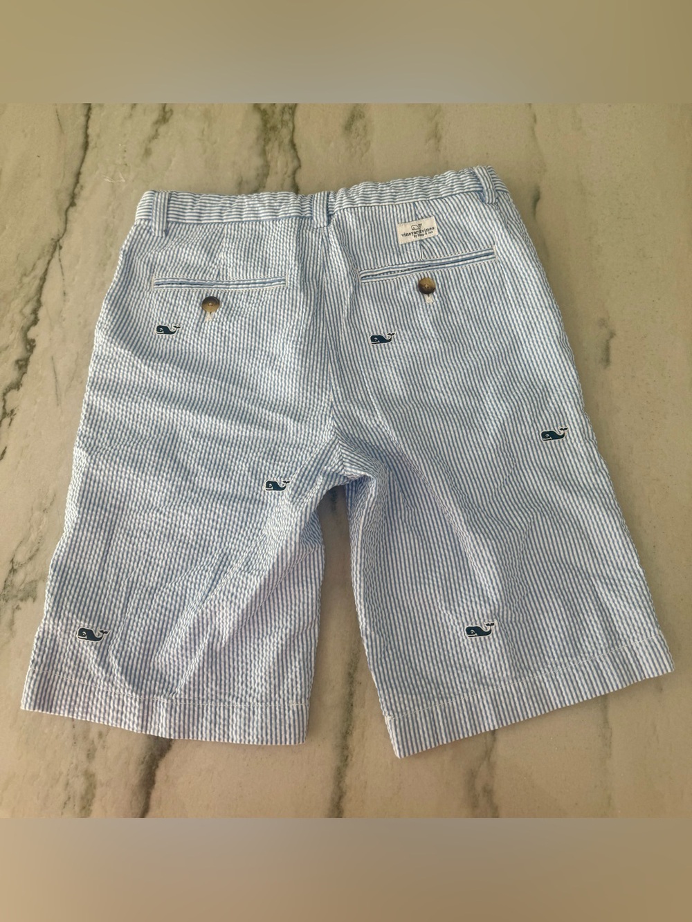 Vineyard Vines Blue and White Seersucker Embroidered Whale Shorts